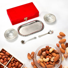 2947A Silver Plated 2 Bowl 2 Spoon Tray Set Brass with Red Velvet Gift Box Serving Dry Fruits Desserts Gift, Bartan 